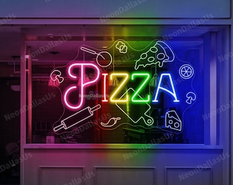 May include: A neon sign with the word "PIZZA" in rainbow colors. The sign is in a storefront window and is surrounded by other neon images of pizza ingredients, such as a rolling pin, a pizza cutter, and a slice of cheese.