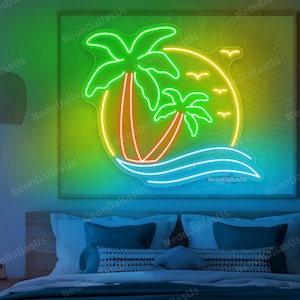 Palm Trees Beach Neon Sign Palm Tree Sunset Neon Lights Palm Tree Lights Tropical Beach Paradise Custom Neon Sign Wall Art Palm Tree Oasis