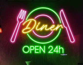 Restaurant Neon Sign Dinner 24h Open Neon Sign Open Dinner Led Sign Restaurant Sign Kitchen Neon Sign Business Logo Wall Sign Food Neon Sign