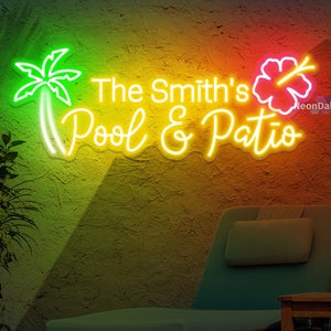 Personalized Palm Tree Neon Sign Custom Pool Sign Outdoor Pool Bar Sign Hibiscus Flower Neon Sign Pool And Patio Decor Tropical Decor