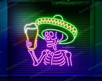 テキーラを飲むメキシコの骸骨の LED サイン、テキーラ メキシコの骸骨