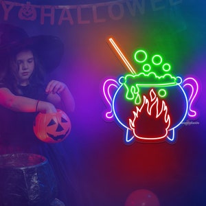 Witch Brew LED Neon Sign Spooky Halloween Decor Witch Cauldron Neon Sign Witch's Brew Led Sign Witch Pot Neon Light Halloween Decorations image 1