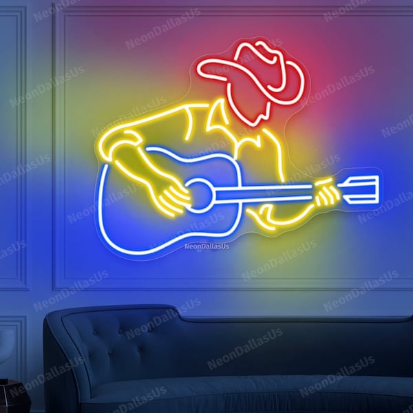 Cowboy Guitar Neon Sign Cowboy Guitar LED Light Guitarist Led Light Cowboy Playing Guitar Western Country Living Wall Room Home Decors Sign