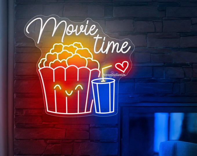 Movie Time Neon Sign Movie Night LED Light Custom Cinema Movie Time Neon Light Popcorn Neon Sign Theater Home Neon Sign Cinema Wall Decors