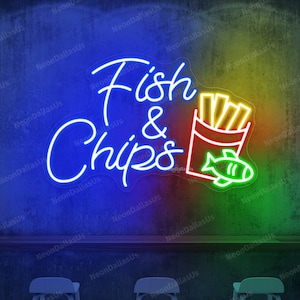 Fish & Chips Letrero de neón Fish Chips LED Luz de neón Cocina británica Letrero de neón Restaurante LED Luces de neón Fish and Chips Letrero Decoración de pared