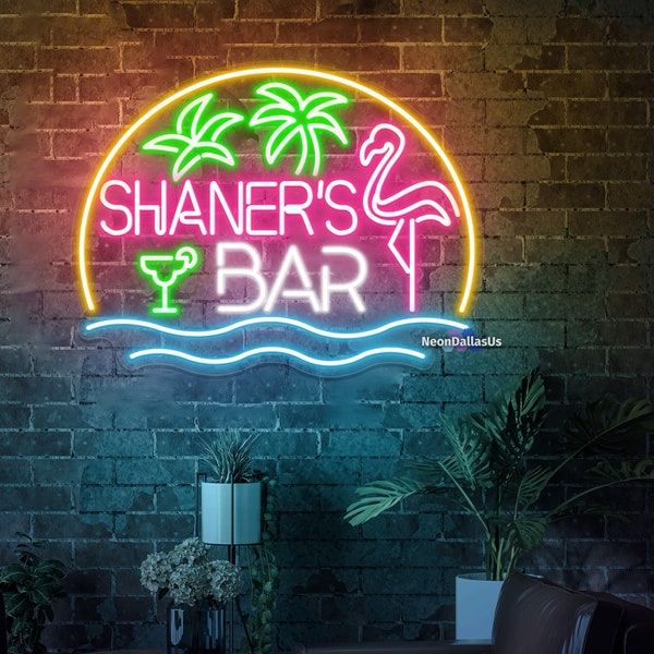 Flamingo Sign Custom Neon-LED-Schild, Pool-Bar-Dekor, Palme, Personalisiertes Benutzerdefiniertes Bar und Grill-Schild, Flamingo-Bar-Schild-Dekor