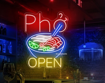 May include: A neon sign with the words "Pho" and "Open" in yellow, red, and blue. The sign depicts a bowl of pho with noodles, meat, and lime.