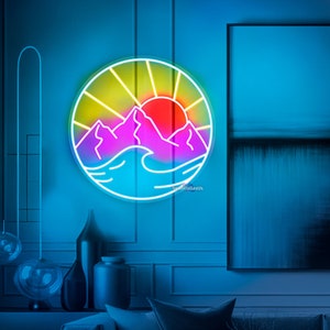 May include: Neon sign with a circular design depicting a sunset over mountains and a wave. The sign is lit in a variety of colours, including pink, yellow, blue, and red.