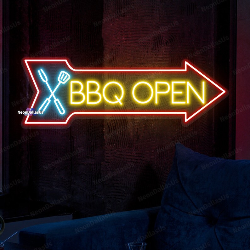 May include: A neon sign with a red arrow pointing to the right. The sign says "BBQ OPEN" in yellow neon letters. There are crossed blue and white utensils in the arrow.