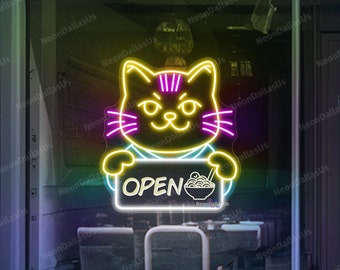 Fortune Cat Ramen Letrero de neón Japonés Ramen Cat Luz LED Lindo Ramen Cat Sign Ramen Bowl Sign Japanese Noodle Restaurant Decor Food Sign