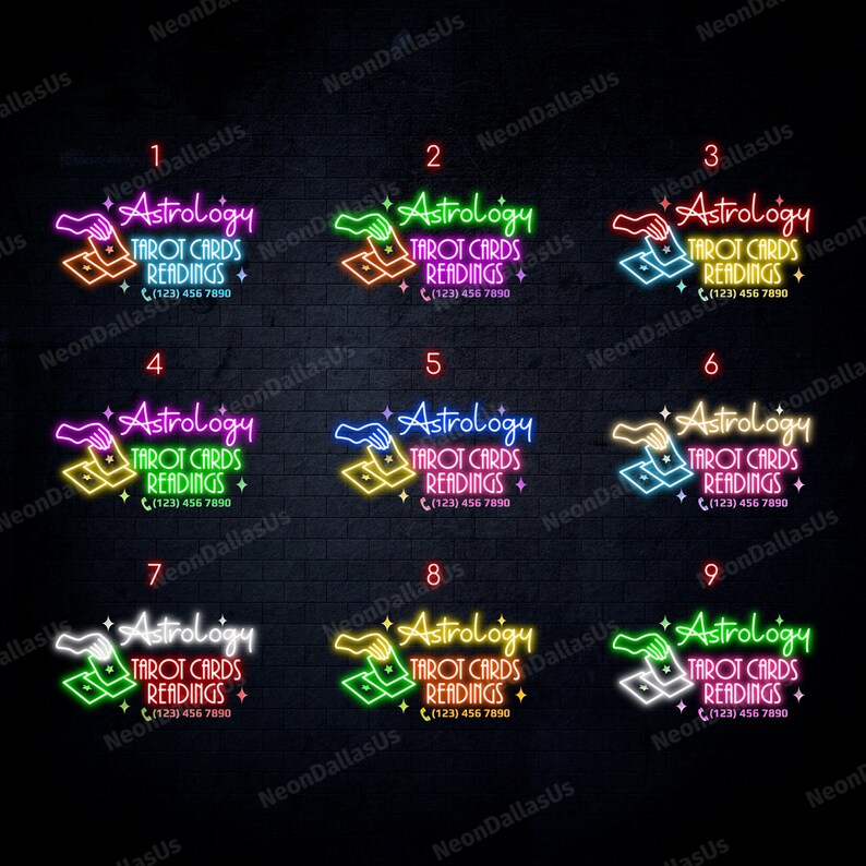 May include: Nine neon signs with the text "Astrology Tarot Cards Readings" and a phone number. Each sign features a different color combination of pink, yellow, green, blue, and purple.