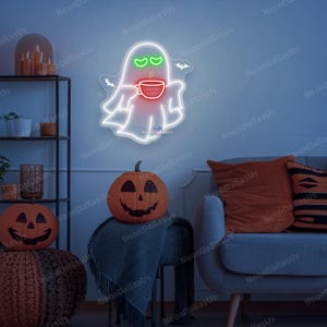 Ghost Coffee Neon Sign Ghost Drinking Coffee Led Sign Halloween Coffee Lovers Funny Ghost Art Cute Ghost Decors Boo Sign Halloween Gifts image 5