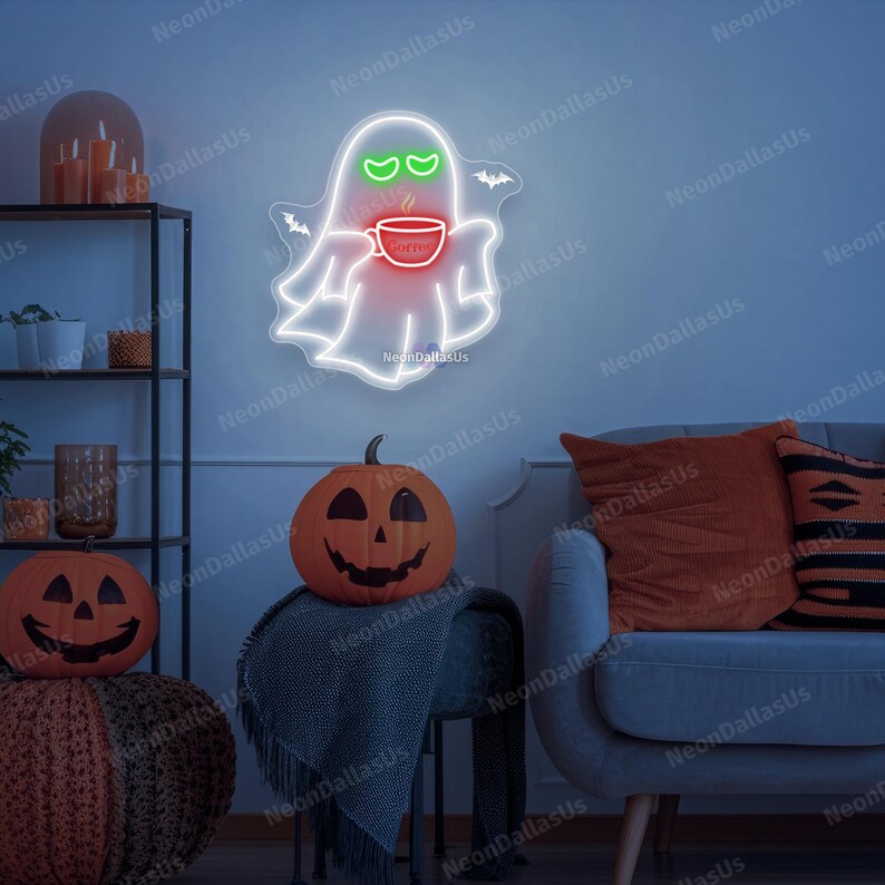Ghost Coffee Neon Sign Ghost Drinking Coffee Led Sign Halloween Coffee Lovers Funny Ghost Art Cute Ghost Decors Boo Sign Halloween Gifts image 5