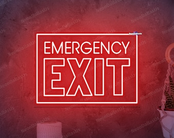 May include: Red neon sign with white outline on a textured red wall. The sign reads "EMERGENCY EXIT".