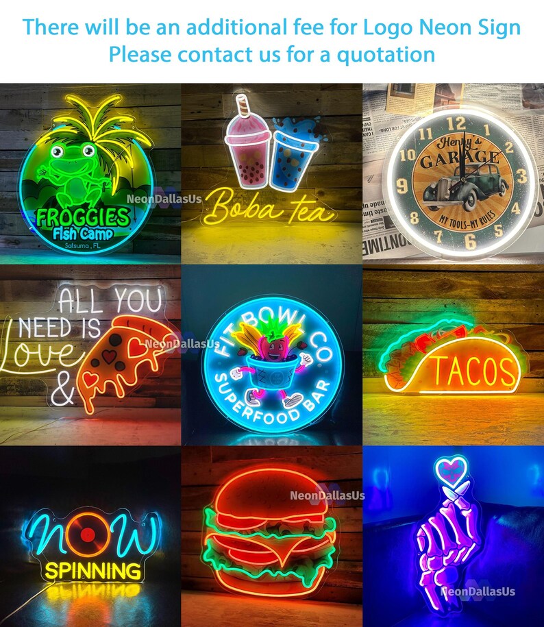 May include: A collection of neon signs with various designs, including a frog, boba tea, pizza, tacos, a burger, a spinning record, and a skeleton hand holding a heart. The signs are all brightly colored and illuminated.