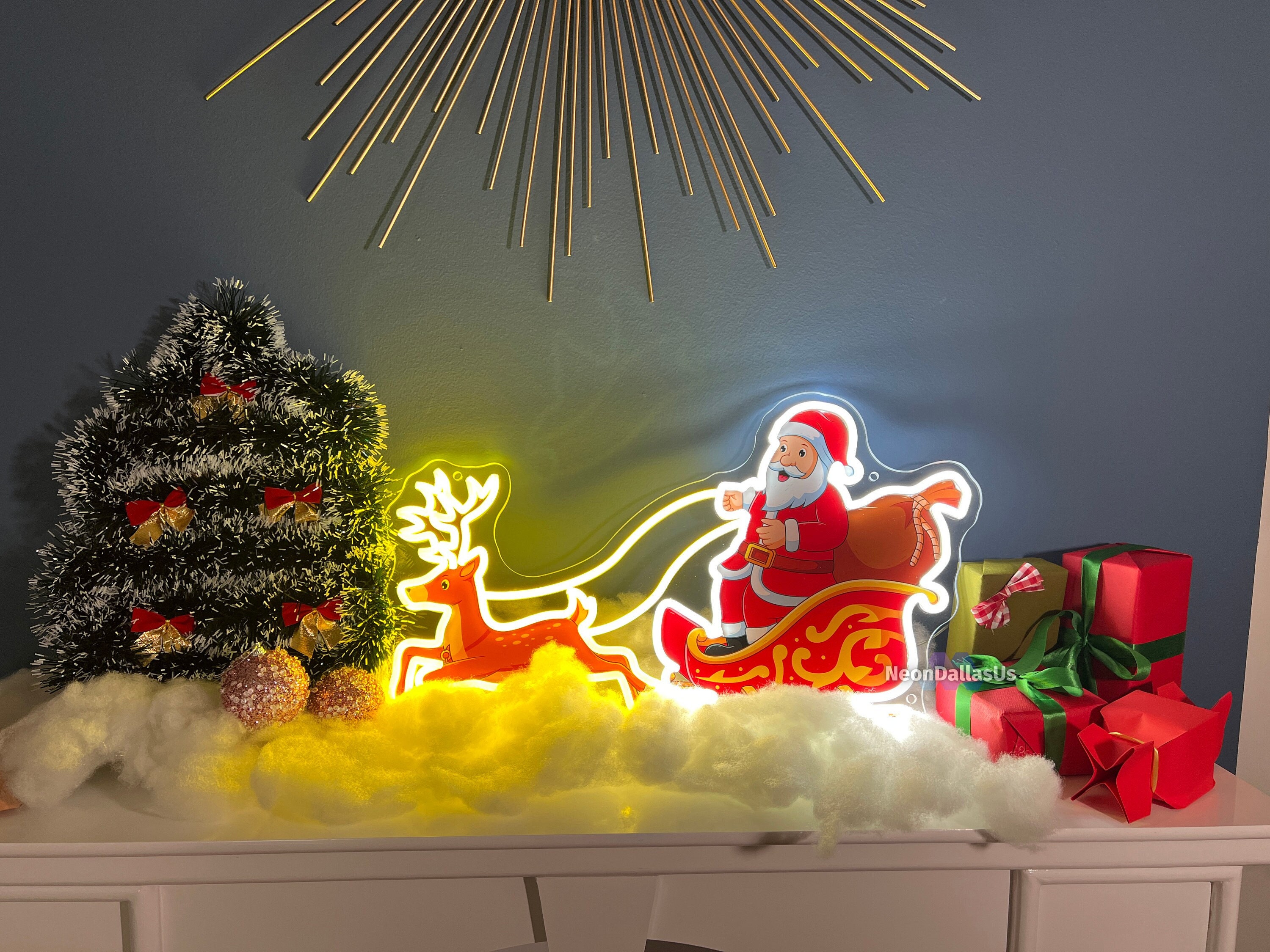 Neon Santa and Reindeer Christmas Decor Sleigh Decoration Sign