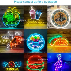 Op de afbeelding: Negen neonborden met verschillende ontwerpen en kleuren. De borden bevatten een kikker, boba-thee, een pizza, een taco, een hamburger, een hand met een hart, een kom met fruit, een draaitafel en een garage. De borden zijn allemaal verlicht en hebben een heldere, kleurrijke gloed.