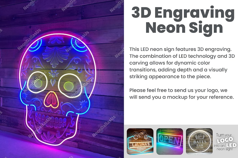 May include: A neon sign with a 3D engraved sugar skull design. The sign is lit up in pink, blue, and green neon lights. The sign features a floral pattern and the text "3D Engraving Neon Sign".