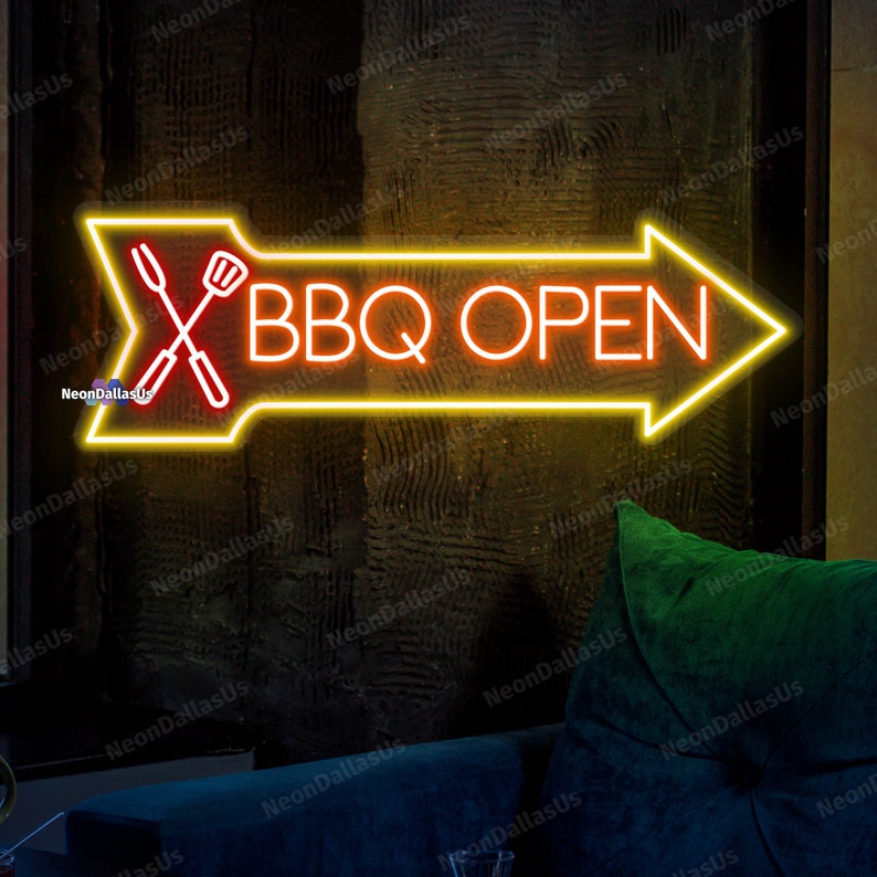 May include: A yellow neon sign with an arrow pointing to the right. The sign says "BBQ OPEN" in red neon letters. There are crossed red utensils in the corner of the sign.