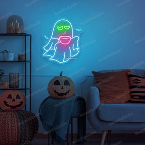 Ghost Coffee Neon Sign Ghost Drinking Coffee Led Sign Halloween Coffee Lovers Funny Ghost Art Cute Ghost Decors Boo Sign Halloween Gifts image 4