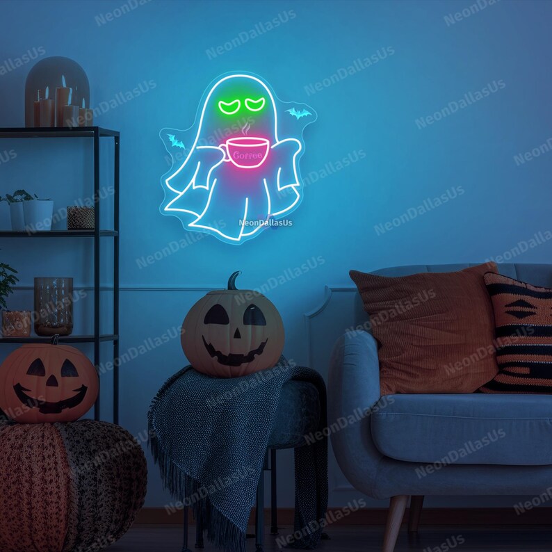 Ghost Coffee Neon Sign Ghost Drinking Coffee Led Sign Halloween Coffee Lovers Funny Ghost Art Cute Ghost Decors Boo Sign Halloween Gifts image 4