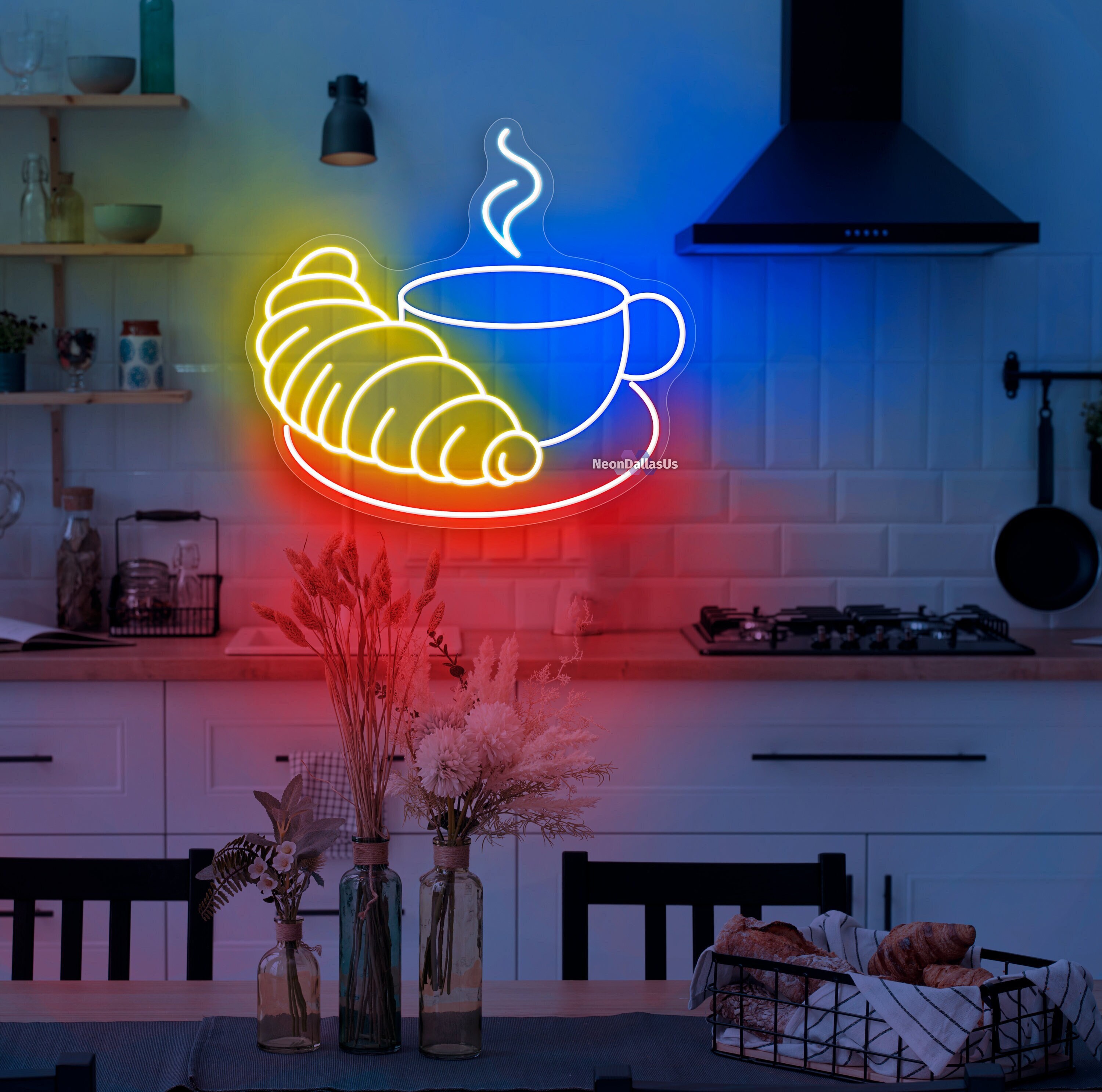 Croissant And Coffee Neon Sign Croissant Led Neon Sign Bakery Shop Neon Lights Breakfast Neon Sign Baking Light Up Sign Cafe Decor Wall Art