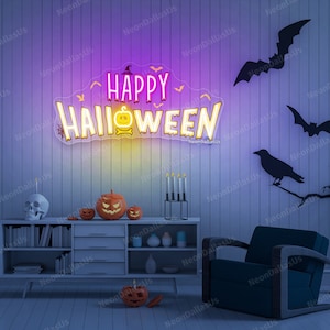 Ghost Neon Sign For Wall Decor Dimmable USB Powered Pumpkin Led Light Sign Halloween Ghost Neon Light For Halloween Party Game Room Neon Decor (Yellow White - View #11