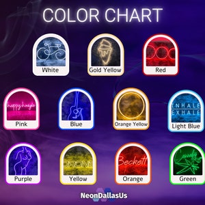 Puede incluir: Una tabla de colores con letreros de ne&oacute;n en diferentes colores, incluyendo blanco, amarillo dorado, rojo, rosa, azul, amarillo naranja, azul claro, morado, amarillo, naranja y verde. Los letreros est&aacute;n dispuestos en una cuadr&iacute;cula y cada letrero tiene una palabra o frase escrita en &eacute;l.