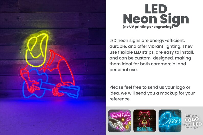 May include: A neon sign depicting a cartoon cowboy playing a guitar. The sign is made of flexible LED strips and is available in a variety of colors. The sign is ideal for businesses, homes, and events.