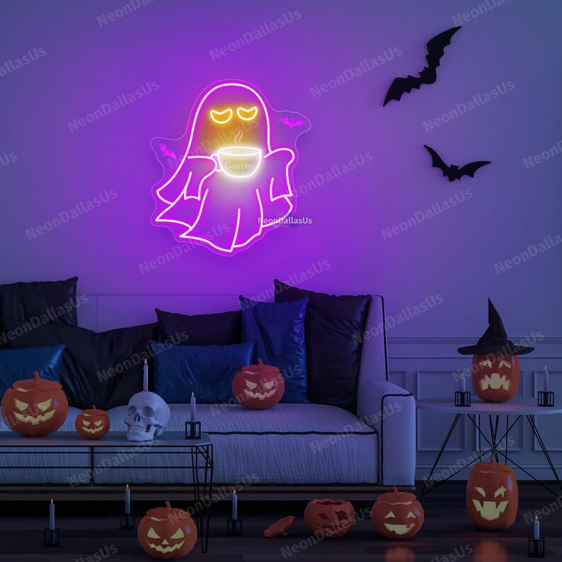Ghost Coffee Neon Sign Ghost Drinking Coffee Led Sign Halloween Coffee Lovers Funny Ghost Art Cute Ghost Decors Boo Sign Halloween Gifts image 2