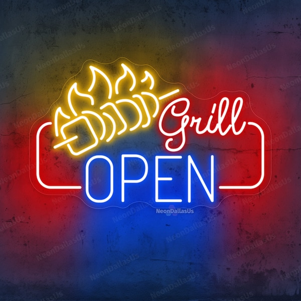 Grill Open Neon Sign Grill Open LED Lights Bar And Grill Neon Signs Custom Neon Sign Barbeque Open BBQ Restaurant Shop Open Decors Wall Arts