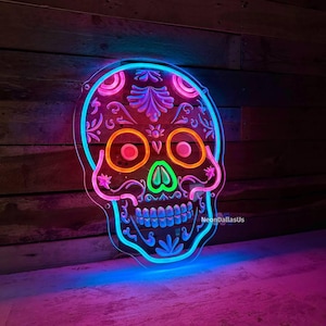 Cráneo de Azúcar Letrero de Neón Cráneo de Azúcar Personalizado Luz LED Mexicana Calavera Decoración Decoración Mexicana Signo Día de Muertos Día De Los Muertos Decoración