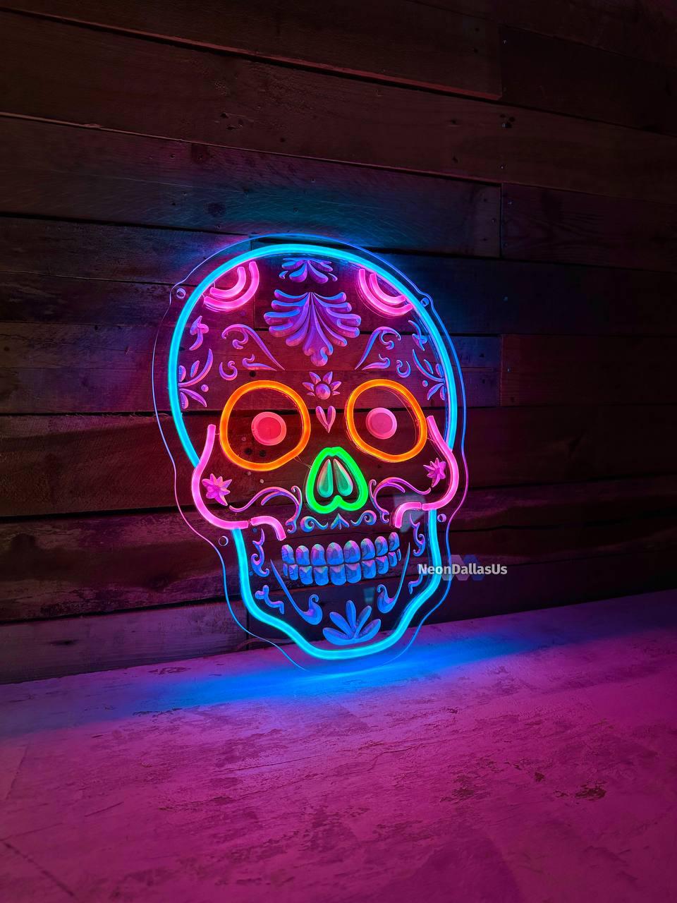 ZINGARO SKULLS & FLOWERS BLUE SIGNAL×４ Sugar Skull Neon Sign Custom Sugar Skull Mexican LED Light