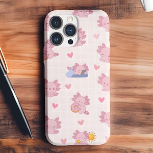 Bonita funda de ajolote para teléfono, funda resistente kawaii con diseño de corazón rosa, regalo para amantes de los animales, accesorio colorido para teléfono, funda estética para iPhone