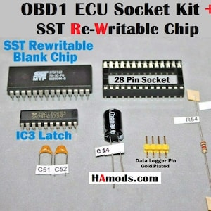 May include: A kit for reprogramming car engine control units (ECUs). It includes a 28-pin socket, a rewritable SST chip, a latch chip, a capacitor, two resistors, and a data logger pin connector. The kit is labeled "OBD1 ECU Socket Kit + SST Re-Writable Chip".