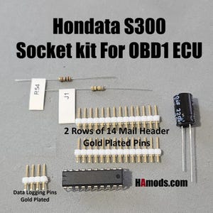 May include: A close-up of a Hondata S300 socket kit for OBD1 ECU. The kit includes two rows of 14 mail header gold plated pins, data logging pins, resistors, and a capacitor. The text "HAmods.com" is visible in the lower right corner.