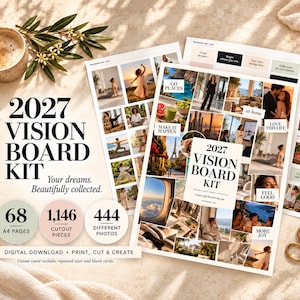May include: A 2027 vision board kit featuring 68 A4 pages, 1,146 cutout pieces, and 444 different photos. The kit includes collage sheets with various lifestyle imagery, inspirational text, and a central title card reading 2027 VISION BOARD KIT.