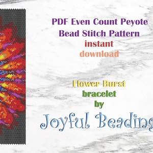 Even Count Peyote Bracelet Pattern PDF--bright colors, abstract flower, using Miyuki 11/0 Delica beads--detailed PDF for instant download