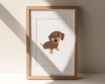 May include: A framed print featuring a cartoon illustration of a brown dachshund dog with tan accents. The artwork is set against a white background and framed in a light brown wooden frame. The dog is depicted in a sitting position.
