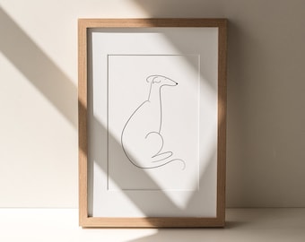 Könnte beinhalten: Ein gerahmter Kunstdruck mit einer minimalistischen Strichzeichnung eines Hundes. Das Kunstwerk ist eine einfache schwarze Umrisslinie auf weißem Hintergrund, eingebettet in einen Holzrahmen. Der Hund ist in sitzender Position dargestellt.