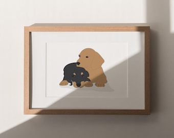 May include: A framed print featuring two cartoon dogs. One dog is light brown, and the other is black and brown. The print is in a light brown wooden frame, set against a white background.