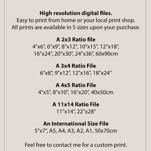 May include: Cream-colored digital download art print information sheet. Text includes "INSTANT DIGITAL DOWNLOAD" and details on file sizes: 4"x6" to 60x90cm, 6"x8" to 18"x24", 4"x5" to 40x50cm, 11"x14", and international sizes.