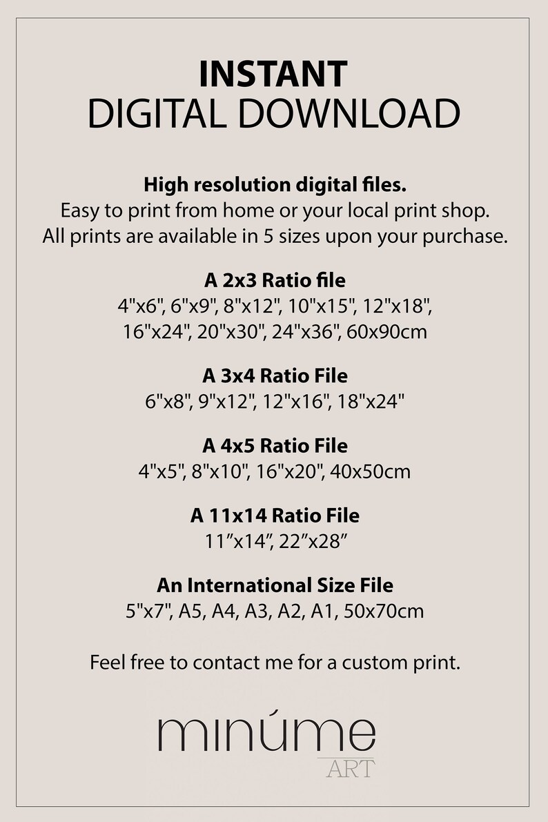 May include: Cream-colored digital download art print information sheet. Text includes "INSTANT DIGITAL DOWNLOAD" and details on file sizes: 4"x6" to 60x90cm, 6"x8" to 18"x24", 4"x5" to 40x50cm, 11"x14", and international sizes.