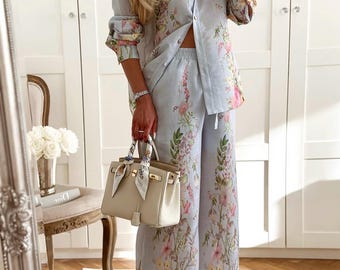 Cotton linen effect set shirt floral Dalia trousers tropic island life Australia Greece Spain Italy mediterranean lano
