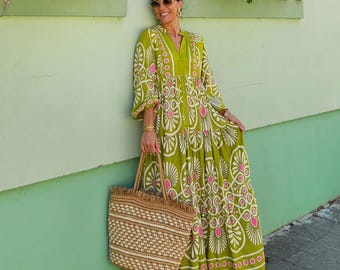 Bohemian green pink viscose dress Italy Greece Turkey Dubai