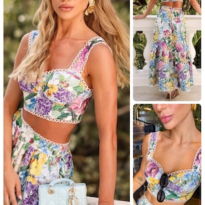Unique women floral cotton  set shirt skirt summer island life Greece Italy