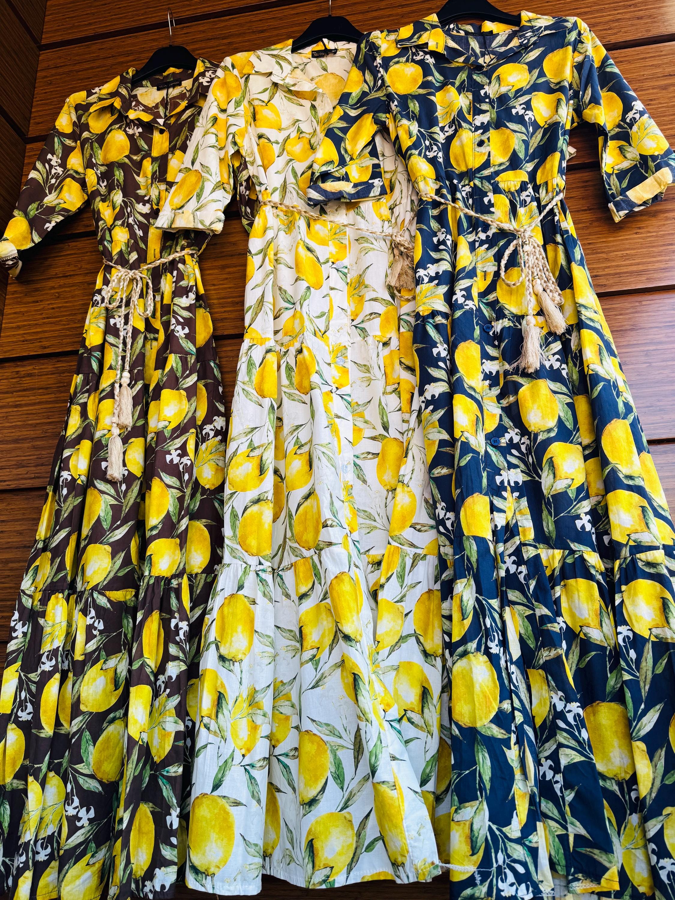 100% Cotton Lemon Lemons Dress With Belt