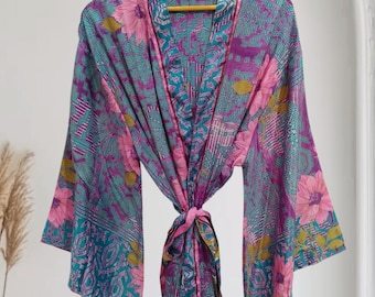 Bata kimono de seda nueva, bata sari con mangas acampanadas, ropa de estar por casa india K-744