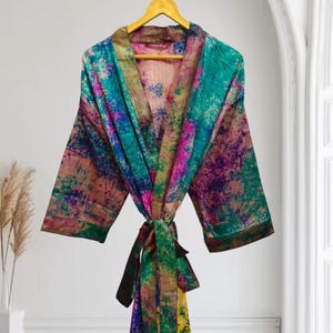 Recycled Sari Silk Kimono Robe, Patchwork Bathrobe, Vintage Kaftan Dress B-6250