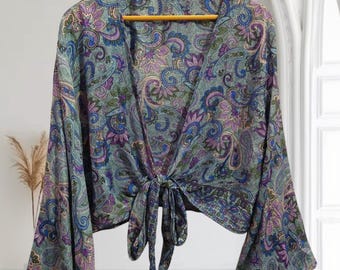 Indian Tunic Recycled House Wear Tie Top Silk Tie Top, Hippie Front Tie Summer Top, Wrap Around Silk Tunic, Summer Crop Top, TP-270